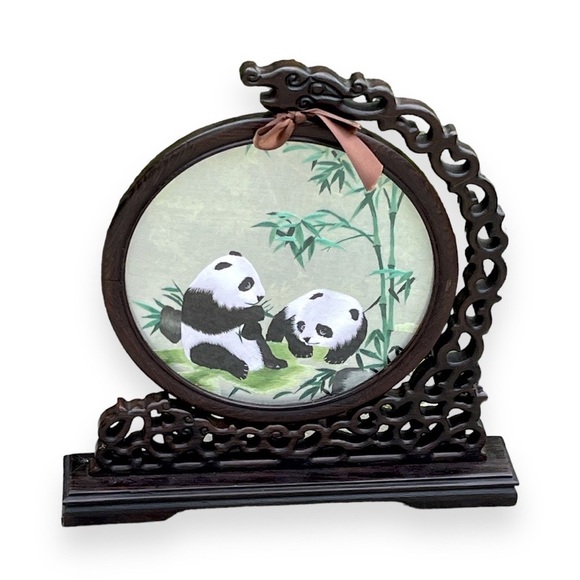 Chinese Panda Suzhou Table Silk Embroidery Double Sided Wooden Screen - Picture 3 of 12
